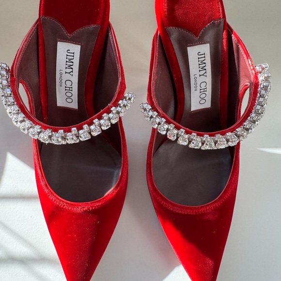 Jimmy Choo Shoes - Jimmy Choo Red Velvet Heels with Crystal Embellishments